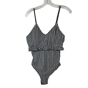 Janela Bay One Piece Swimsuit Womens Large Black White Striped Ruffled Cut Out